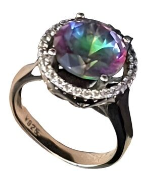 Mystic Topaz Ctr, White Sapphires & Diamond White Gold over Sterling Silver NIB